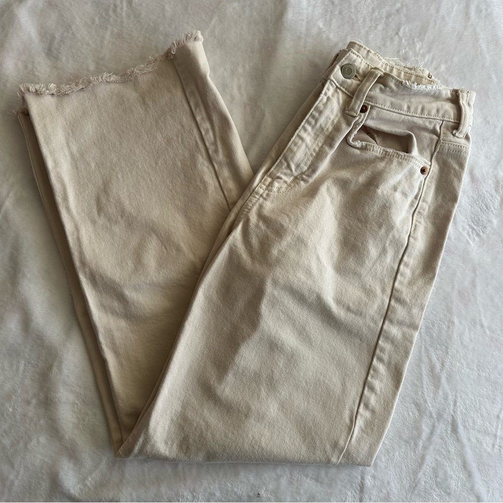 H&M Off White Distressed Straight Leg Jeans